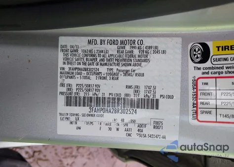 2011 Ford Fusion Se из США, поврежденный, VIN 3FAHP0HA2BR302524